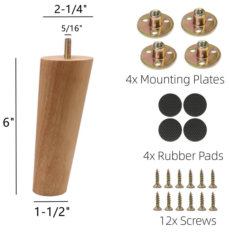 WEICHUAN Solid Rubber Wood Replacement Sofa Couch Chair Ottoman Loveseat Coffee Table Cabinet Furniture Wood Legs(6" Slant Set of 4) - Image 2