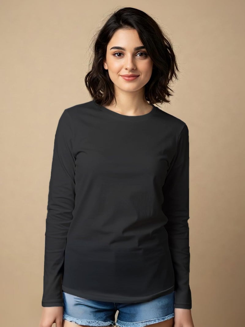 JUNEBERRY® Cotton Round Neck Regular Fit Solid Core Full Sleeve T-Shirt Combo for Women & Girls (Pack of 2) (PO2_JB_FS_BK_GR_M) - Image 2