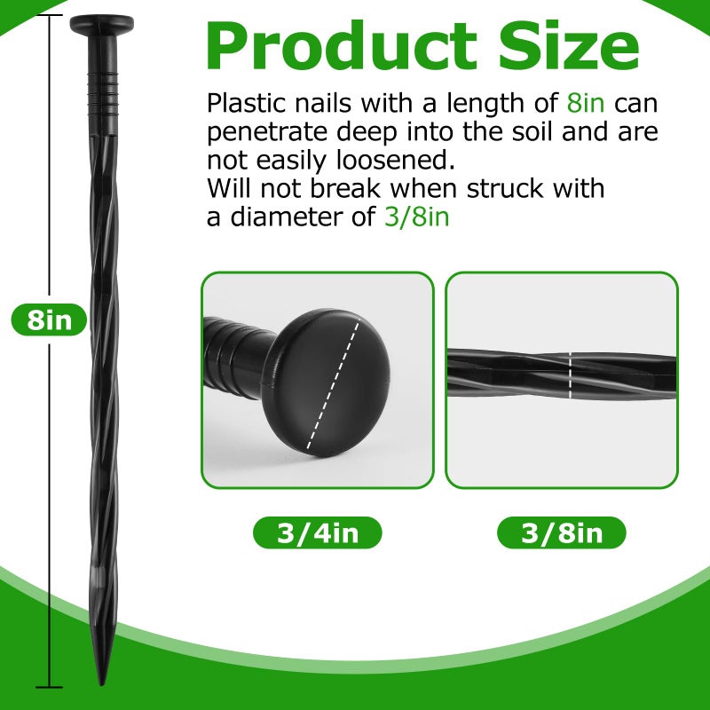 DharBnt 100Pcs 8-Inch Plastic Landscape Edging Spikes, Spiral Anchoring Nails for Weed Barrier, Paver Edging, Landscape Edging, Artificial Turf, Grass Pathways, and More - Image 2