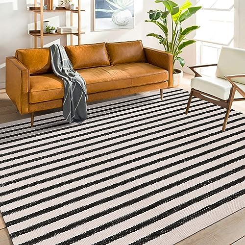 LEEVAN Black and White Striped Outdoor Area Rug 4x6 ft Patio Rugs Washable Woven Cotton Boho Living Room Rug Farmhouse Collection Large Floor Carpet for Courtyard/Bedroom - Image 1