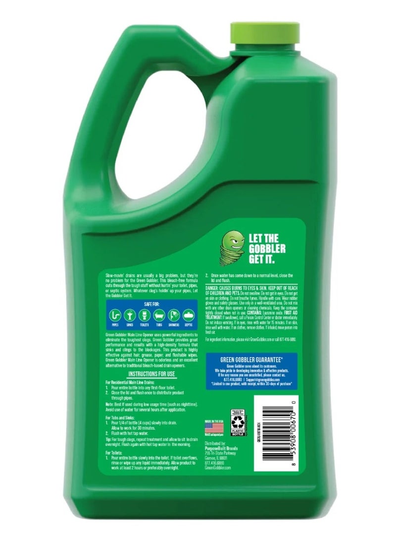 Green Gobbler Main Line Opener 1 Gallon Liquid Drain Cleaner | Powerful Sewer & Pipe Clog Remover for Toilets, Kitchen & Bathroom | Dissolves Grease, Hair & Waste | Septic Safe Formula - Image 2