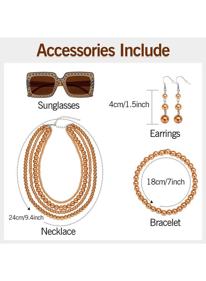 Maiteenly 6pcs Women Costume Print Caftan Dresses Curly Red Brown Wig Jewelry Set and Sunglasses for Halloween Party(Classic) - Image 3