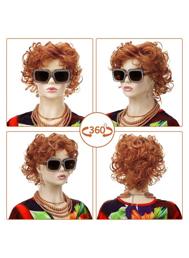 Maiteenly 6pcs Women Costume Print Caftan Dresses Curly Red Brown Wig Jewelry Set and Sunglasses for Halloween Party(Classic) - Image 2