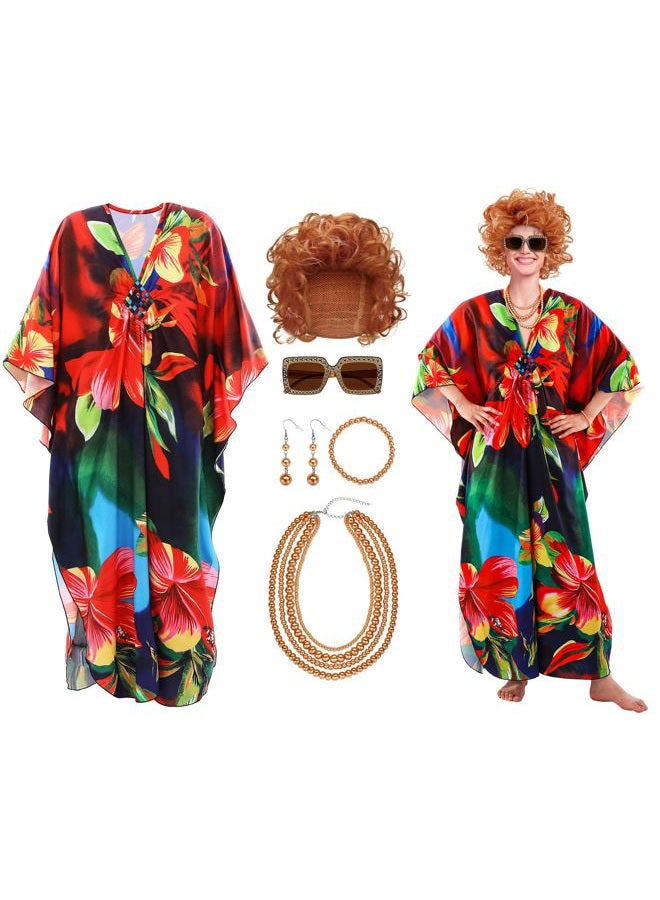 Maiteenly 6pcs Women Costume Print Caftan Dresses Curly Red Brown Wig Jewelry Set and Sunglasses for Halloween Party(Classic) - Image 1
