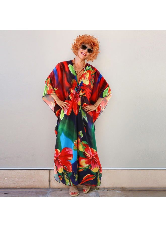 Maiteenly 6pcs Women Costume Print Caftan Dresses Curly Red Brown Wig Jewelry Set and Sunglasses for Halloween Party(Classic) - Image 5