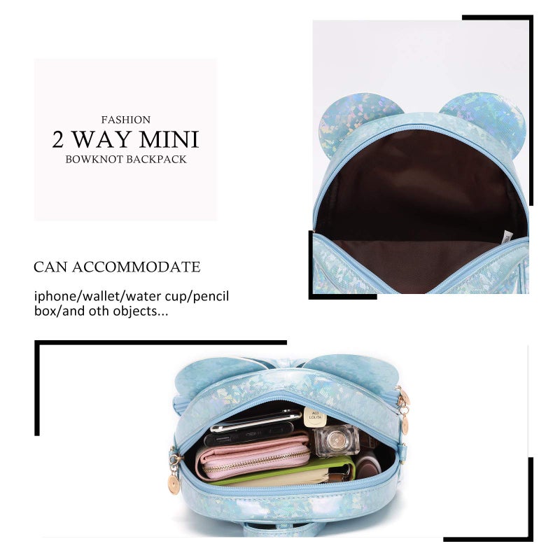 KL928 Girls Bowknot Polka Dot Cute Mini Backpack Small Daypacks Convertible Shoulder Bag Purse for Women (Shiny Blue) - Image 4