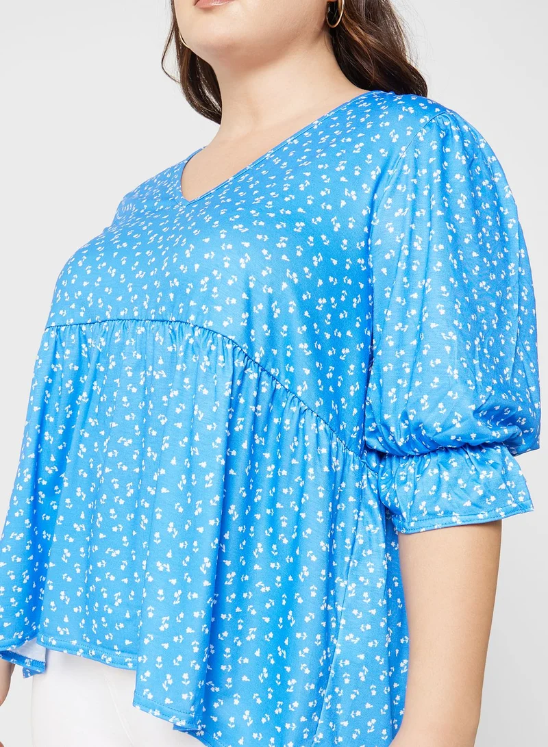 In The Style Curve Curve Jac Jossa Blue Smudge Print Smock Top With Puff Sleeves
