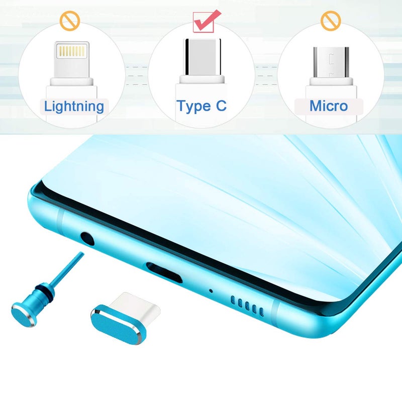 Careflection غطاء USB C واقي من الغبار، غطاء منفذ شحن نوع C وغطاء جاك سماعة الهاتف، واقي من الأوساخ، متوافق مع سامسونج جالاكسي بيكسل ون بلس لابتوب ماك بوك برو أجهزة أندرويد أزرق 2 حزمة - Image 2