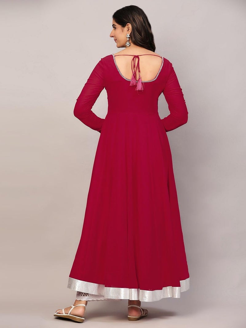 KZA Women's Georgette Hand Embroidered Flared Anarkali Kurta Suit with Full Sleeves for Ethnic Wear Pink - Image 4