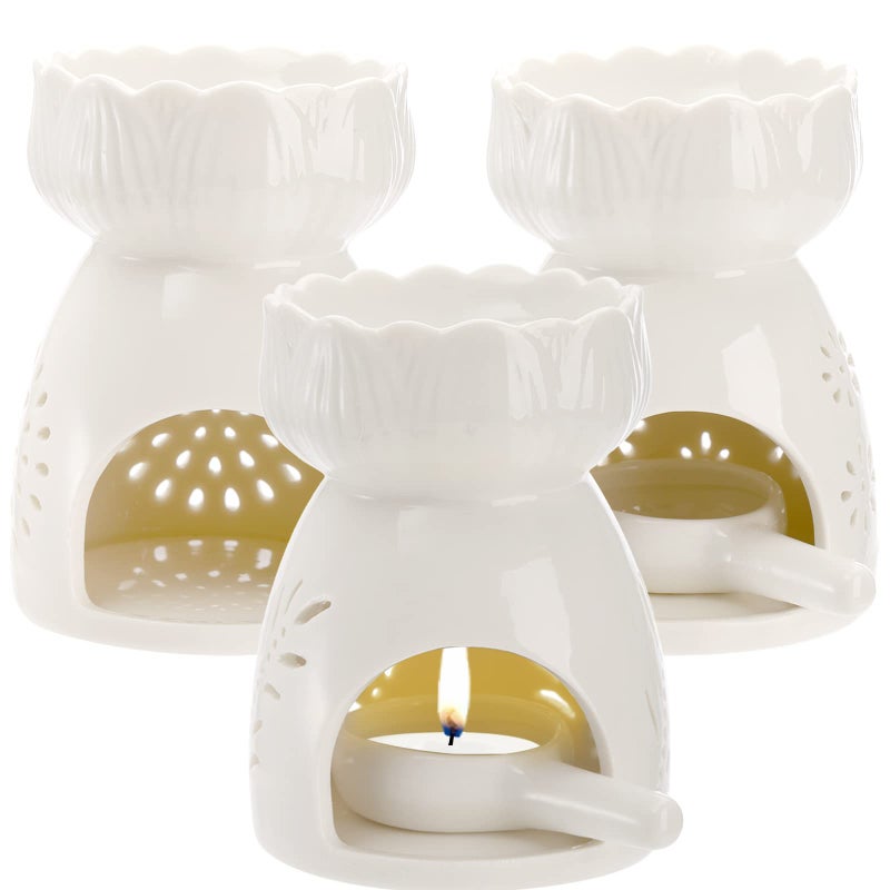Lyellfe 3 Pack Ceramic Tealight Candle Holder Essential Oil Burner with Spoon White Carved Wax Warmer Aroma Diffuser Furnace for Birthday Valentines Home Decor