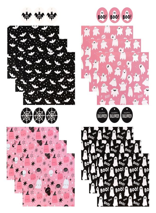 WRAPAHOLIC Halloween Wrapping Paper Sheet - 12 Sheets Pink and Black Halloween Theme Design Folded Flat with 12 Gift Tags for Party - 19.7 Inch X 27.5 Inch Per Sheet - Image 2