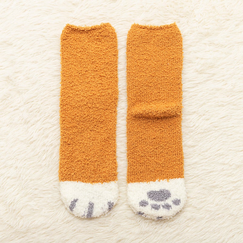 Womens Winter Thick Fleece Cat Claw Socks Tablet khaki  - Image 1