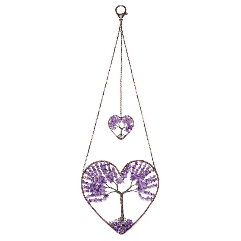 PESOENTH Amethyst Heart Tree of Life Dream Catcher Hanging Ornament Bohemian Purple Double Hearts Tree of Life Wall Art Window Car Hanging Decorations for Home Bedroom Decor