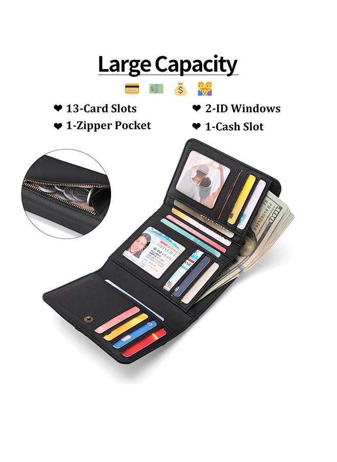 SENDEFN RFID Blocking Trifold Wallet For Women - Compact Leather Card Holder With 13 Slots And Zipper Pocket Black  - Image 3