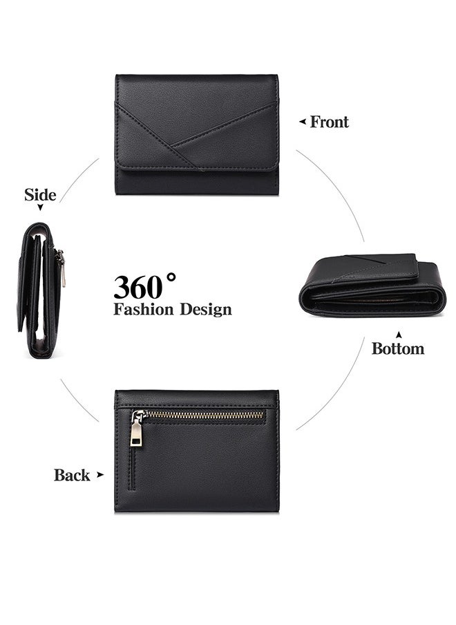 SENDEFN RFID Blocking Trifold Wallet For Women - Compact Leather Card Holder With 13 Slots And Zipper Pocket Black  - Image 5