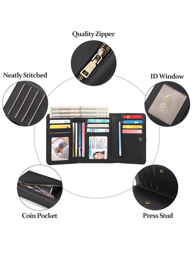 SENDEFN RFID Blocking Trifold Wallet For Women - Compact Leather Card Holder With 13 Slots And Zipper Pocket Black  - Image 4