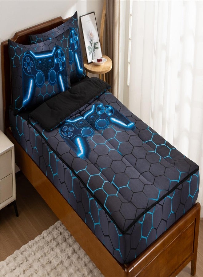 NTBED مجموعة أغطية سرير مطبوعة NTBED للاعبين بتصميم هندسي خفيف الوزن من الألياف الدقيقة للأطفال الأولاد، مزدوجة، مع ملاءة fitted وأغطية وسائد، أزرق - Image 1