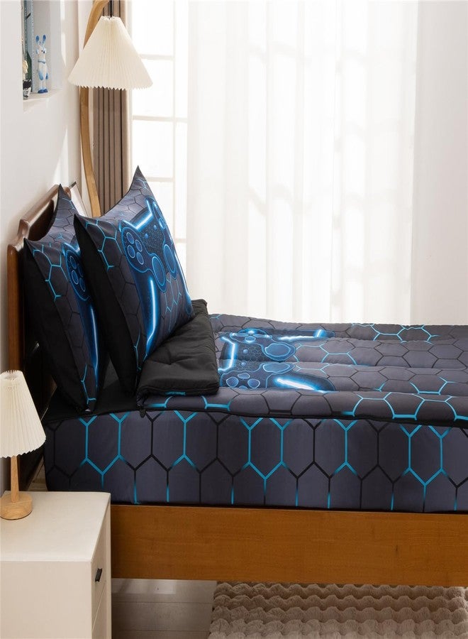 NTBED مجموعة أغطية سرير مطبوعة NTBED للاعبين بتصميم هندسي خفيف الوزن من الألياف الدقيقة للأطفال الأولاد، مزدوجة، مع ملاءة fitted وأغطية وسائد، أزرق - Image 3
