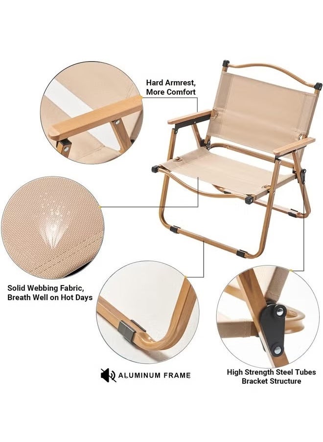 2 in 1 Set of Folding Camping Chair with Armrests and Cup Holder Black and Portable Folding Lightweight Camping Chair for Camping Beige