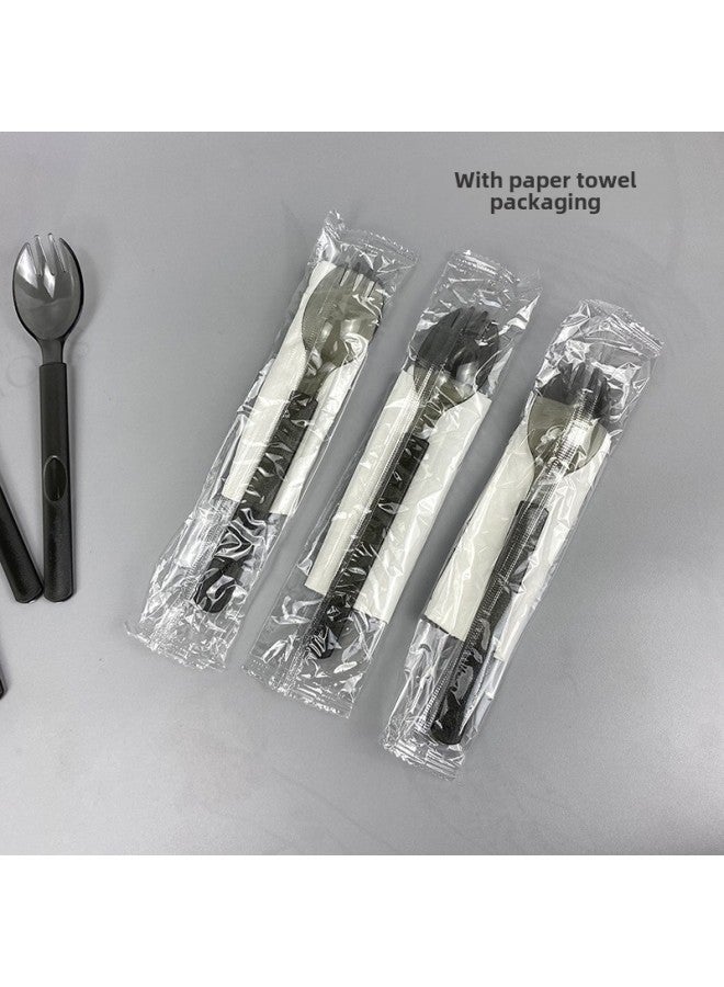 Disposable Fork Spoon Plastic Spoon Thickened Salad Tableware Fork Spoon One-piece Paper Towel Set Commercial Long-handle Spoon Fork-Specifications:Fork Spoon + Paper Towel - Image 1