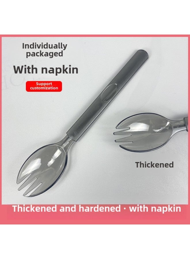 Disposable Fork Spoon Plastic Spoon Thickened Salad Tableware Fork Spoon One-piece Paper Towel Set Commercial Long-handle Spoon Fork-Specifications:Fork Spoon + Paper Towel - Image 2