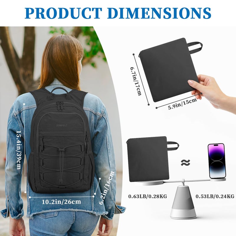 ZOMFELT Hiking Backpack for Women Men, 15L Lightweight Packable Backpack for Trip, Water Resistant Small Travel Backpacks, Foldable daypack for Hiking, Walking, Cycling, Camping, Black - Image 2