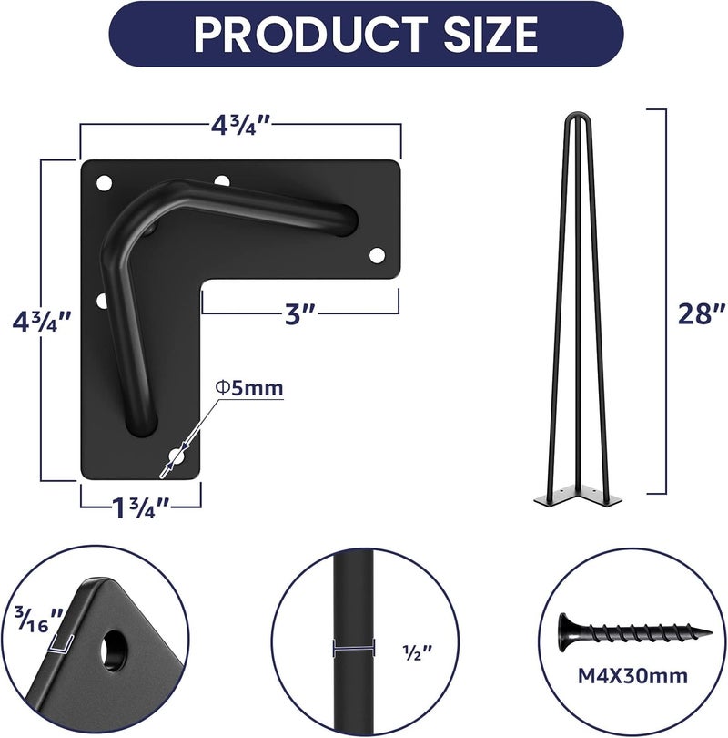 SMARTSTANDARD 28 Inch Hairpin Table Legs, 3 Steel Rods 1/2 Inch Pipe Diameter, 800lbs Load Capacity, Mid-Century Style for Coffee Table, Side Table, Night Stand (Black, 4PCS) - Image 3