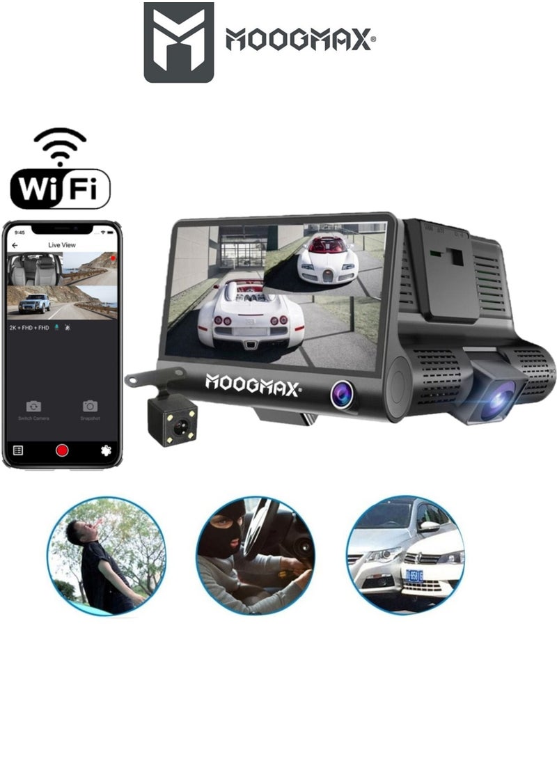 MOOGMAX - Dash Cam Mini car camera with three lenses (front/back/interior) with supports WIFI and app to control &1080P full HD and Mic for sound recording, supports night vision, with side buttons control, and TF memory up to (32GBmax)(not included). - Image 1