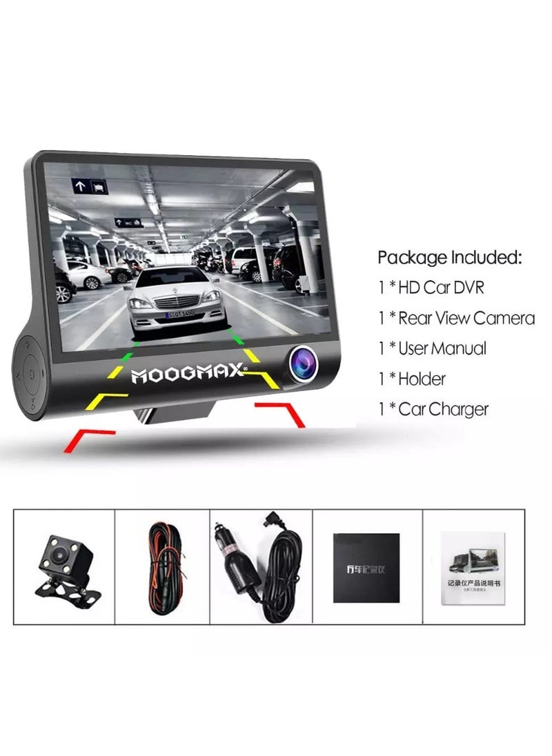 MOOGMAX - Dash Cam Mini car camera with three lenses (front/back/interior) with supports WIFI and app to control &1080P full HD and Mic for sound recording, supports night vision, with side buttons control, and TF memory up to (32GBmax)(not included). - Image 1