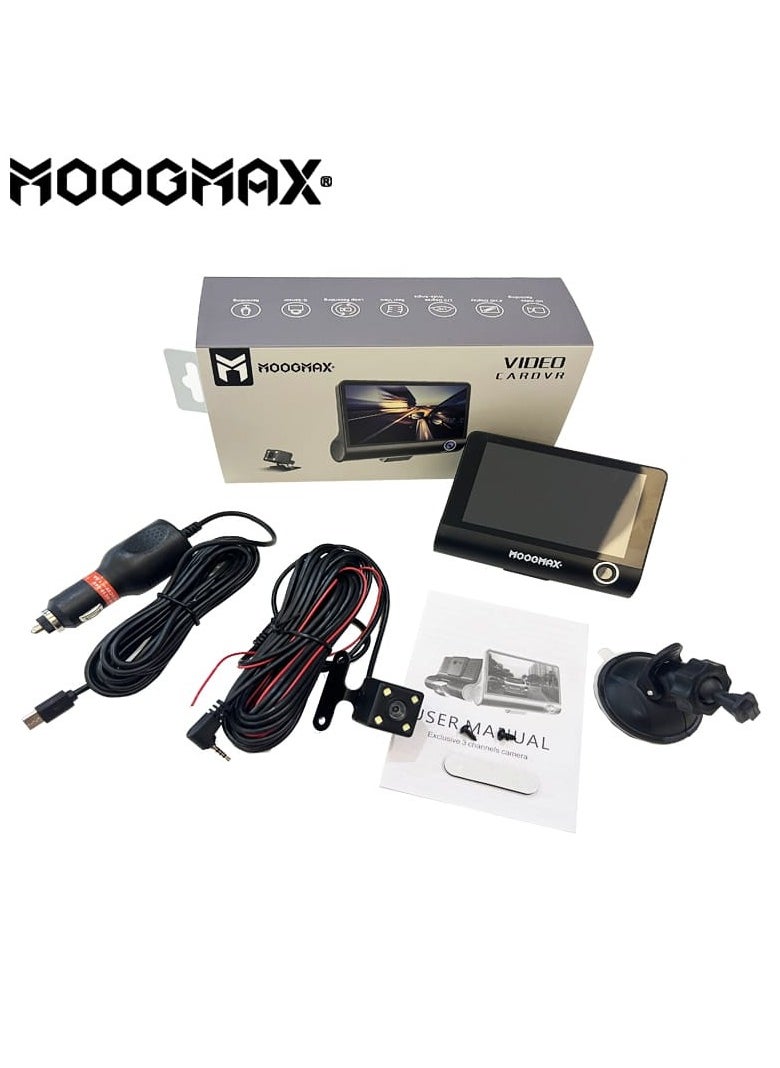 MOOGMAX - Dash Cam Mini car camera with three lenses (front/back/interior) with supports WIFI and app to control &1080P full HD and Mic for sound recording, supports night vision, with side buttons control, and TF memory up to (32GBmax)(not included). - Image 1
