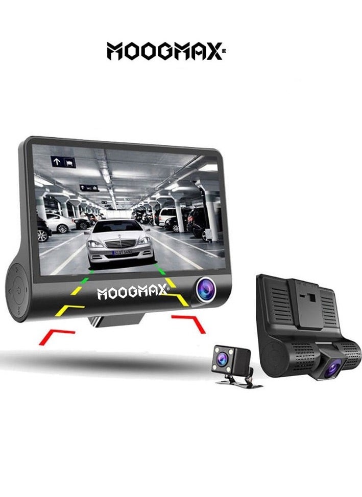 MOOGMAX - Dash Cam Mini car camera with three lenses (front/back/interior) with supports WIFI and app to control &1080P full HD and Mic for sound recording, supports night vision, with side buttons control, and TF memory up to (32GBmax)(not included). - Image 1