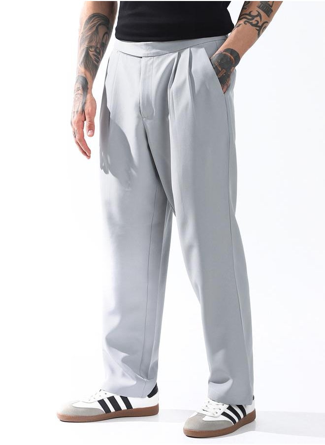 Hubberholme - Loose Fit Light Grey 95% polyester 5% spandex Solid Woven Chinos with Button Closure Full Length - Ideal for Streetwear - A Must-Have for Your Wardrobe! - Image 1