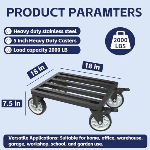 LYUND Heavy-Duty Stainless Steel Furniture Dolly 18'' x 14'' Inch, 2000LBS Capacity Moving Dolly with 5" Swivel Casters & Fastening Strap for Secure Moving of Furniture and Appliances - Image 2