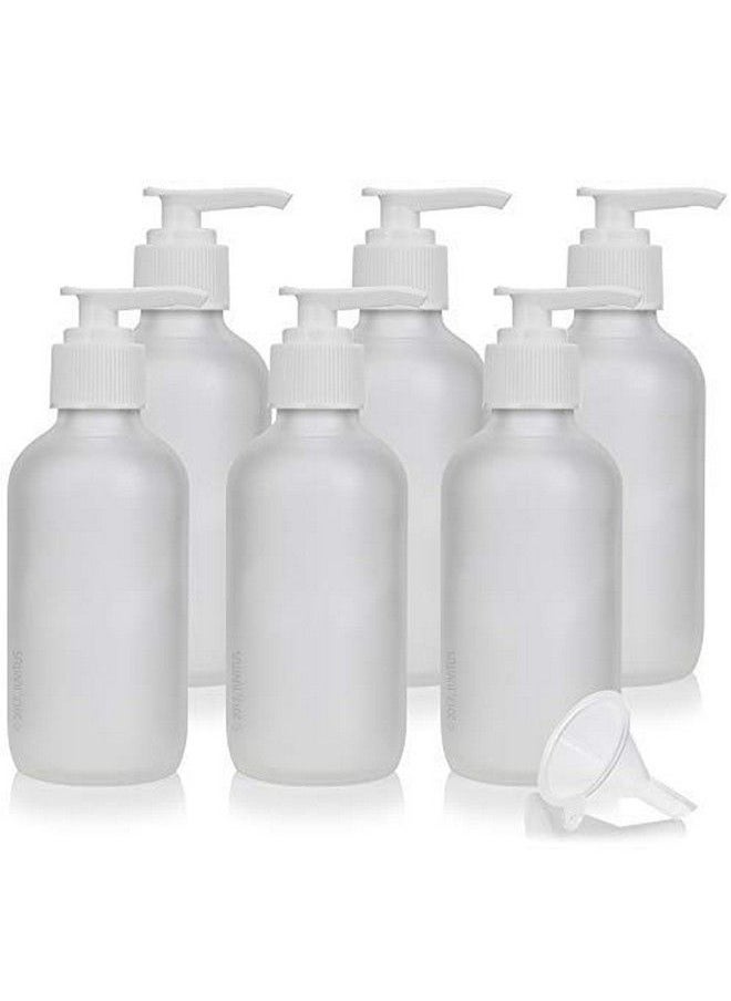 JUVITUS 4 Oz Frosted Clear Glass Boston Round Bottle With White Lotion Pump (6 Pack) + Funnel  - Image 1