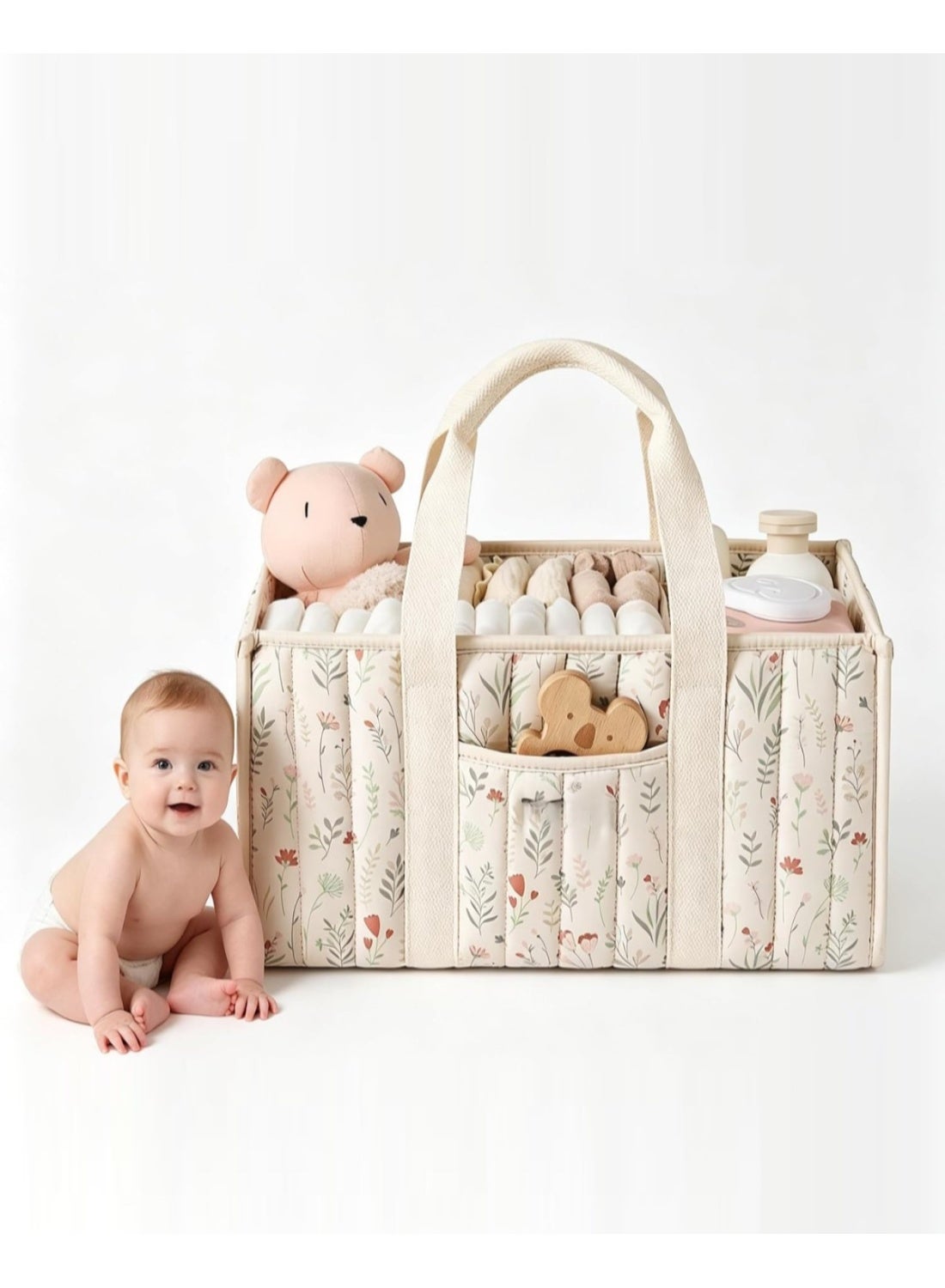 INSIJAM Baby Diaper Caddy Organizer Portable Nursery Storage Basket Bin - Multi Compartment Nappy Caddy Holder for Diapers Wipes Creams & Baby Essentials, Changing Table Car Organizer Tote Bag, Newbor
