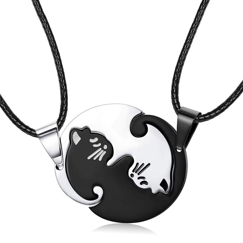 2 Pieces Couples Cat Pendant Necklace, Pendant Couple Lover Necklace, Stainless Steel Matching Puzzle Lovers Necklace, Black and White Men's Women's Pendant for Lover Valentine's Birthday