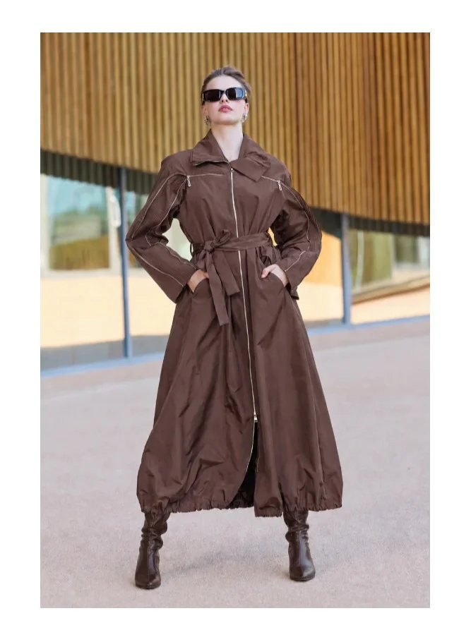 MissWhence Long Parachute Overcoat with Pleat and Zipper Details - Brown