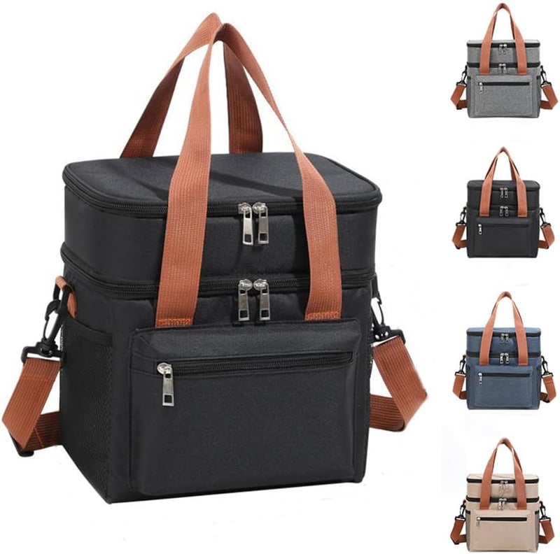 IraXpro Double Layer Insulated Lunch Bag, Portable Cooler Tote Bag for Men Women Adult, Leak and Waterproof, Double Deck Cooler Lunch Box Bag, for Office,Picnic (Black) - Image 1