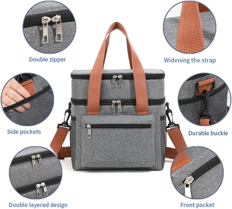 IraXpro Double Layer Insulated Lunch Bag, Portable Cooler Tote Bag for Men Women Adult, Leak and Waterproof, Double Deck Cooler Lunch Box Bag, for Office,Picnic (Black) - Image 3