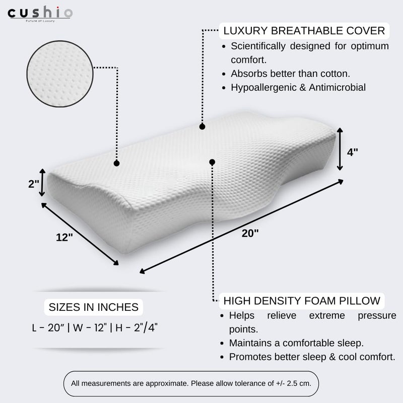 CUSHIO Memory Foam Butterfly Contour Pillow (Pack of 1) Cervical Orthopedic Memory Pillow for Neck & Shoulder Pain Relief | Size 20"x12" (White) - Image 3