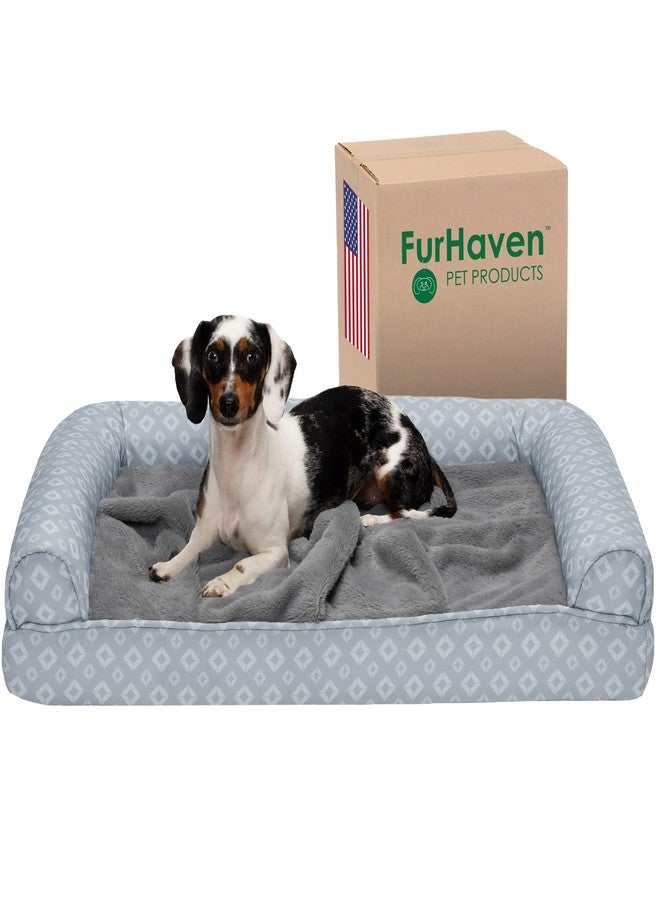 Furhaven Cooling Gel Dog Bed for Medium/Small Dogs w/ Removable Bolsters & Washable Cover, For Dogs Up to 35 lbs - Plush & Diamond Print Nest Top Sofa - Gray, Medium - Image 1