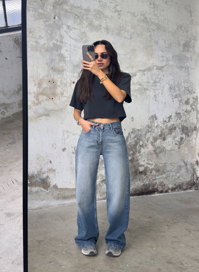 trendyol Blue Normal Waist Wide Leg Jeans - Image 1