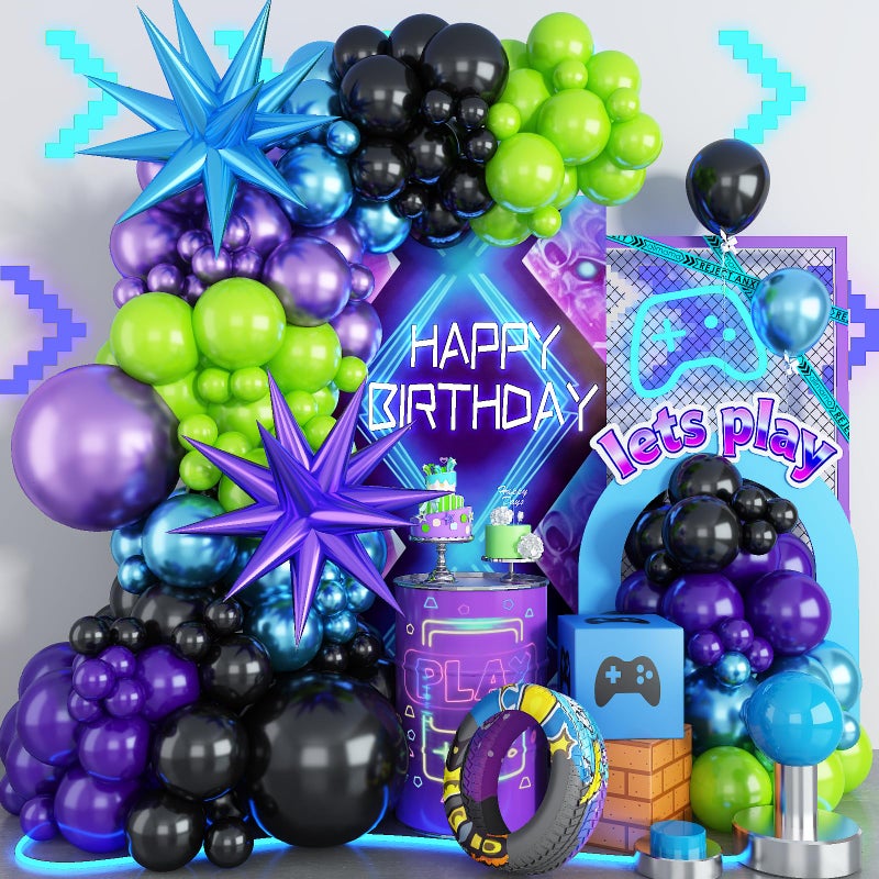Froova Blue Purple Balloon Garland Arch Kit, 104 PCS Metallic Purple Blue Black and Green Balloons with Star Balloons for Kids Boys Video Game Night Birthday Party Decorations - Image 1