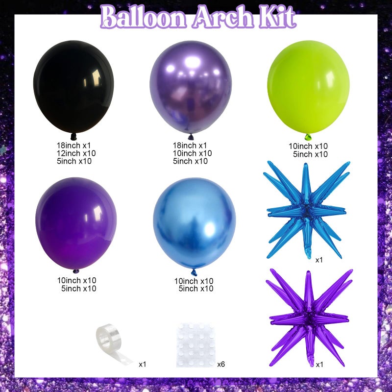 Froova Blue Purple Balloon Garland Arch Kit, 104 PCS Metallic Purple Blue Black and Green Balloons with Star Balloons for Kids Boys Video Game Night Birthday Party Decorations - Image 2