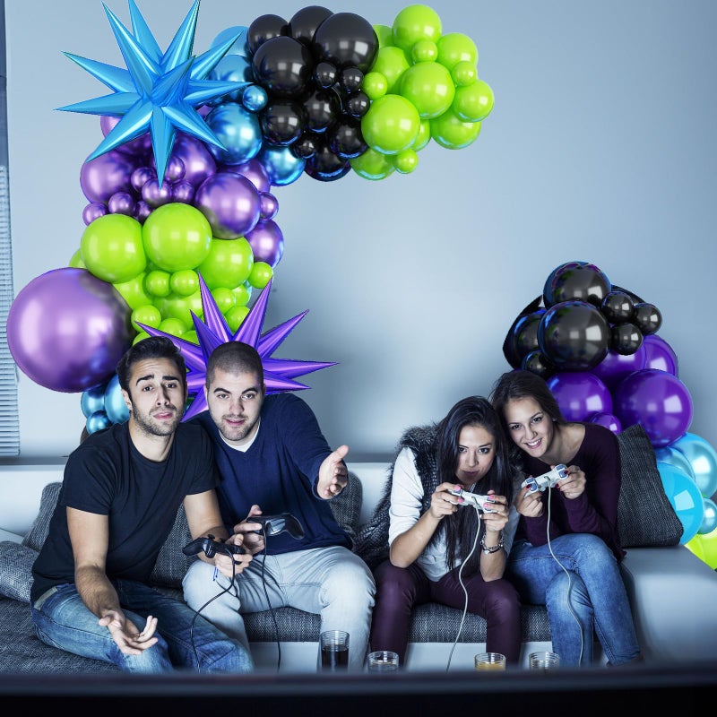 Froova Blue Purple Balloon Garland Arch Kit, 104 PCS Metallic Purple Blue Black and Green Balloons with Star Balloons for Kids Boys Video Game Night Birthday Party Decorations - Image 4