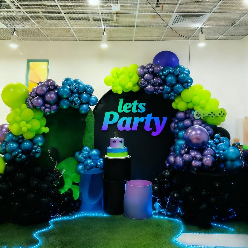 Froova Blue Purple Balloon Garland Arch Kit, 104 PCS Metallic Purple Blue Black and Green Balloons with Star Balloons for Kids Boys Video Game Night Birthday Party Decorations - Image 5