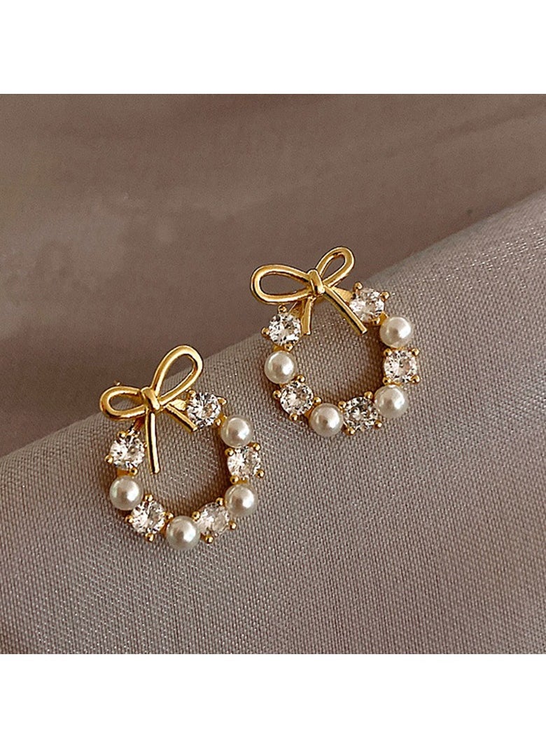 Generic - Gold Coloured Ribbon Pearl Earrings with Diamonds - Image 1
