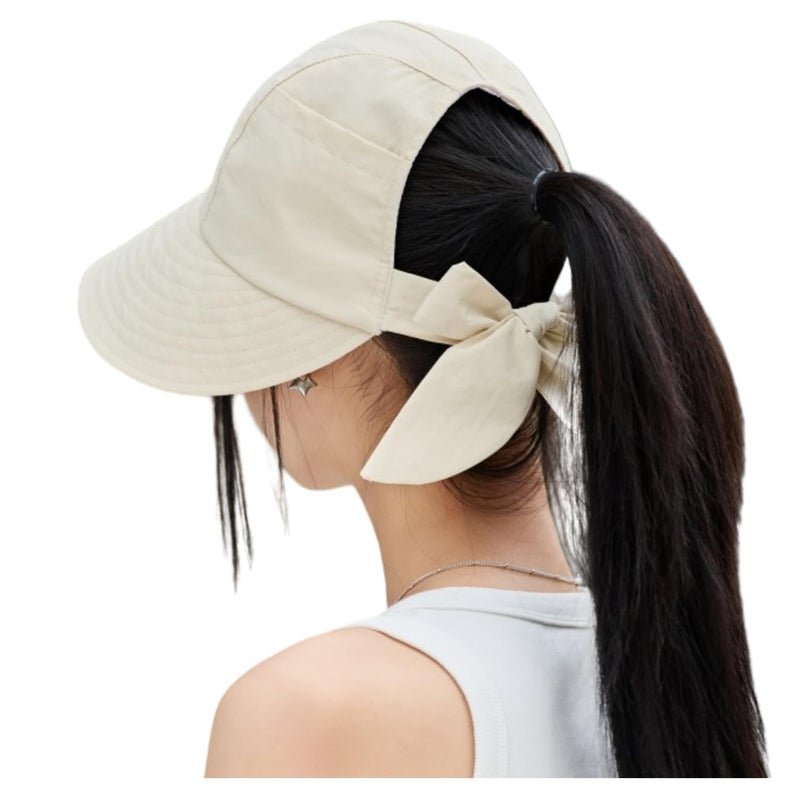 Qzkouma Womens Wide Brim Visor Sun Hats UPF50+ UV Protection Packable Summer Hat with Adjustable Bow Beige - Image 1