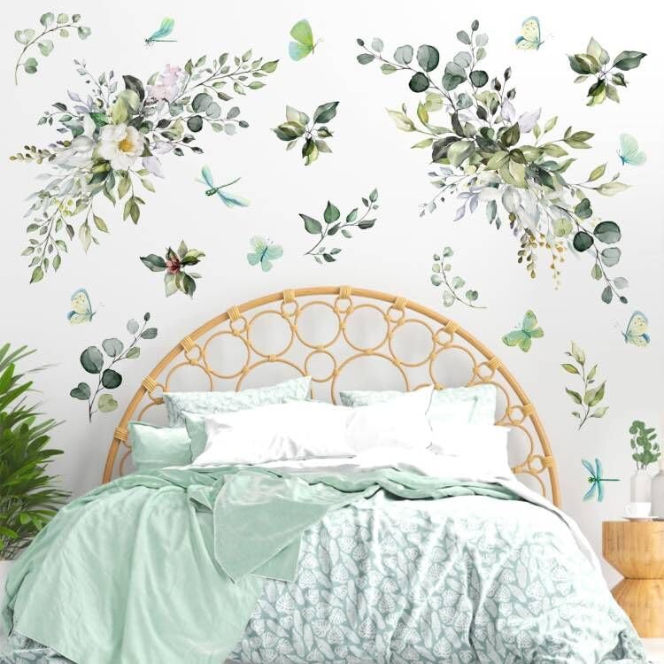 HATARU Large Green Leaves Wall Decals Modren Plant Wall Decals Peel and Stick Decals Rustic Leaves Wall Art Murals Boho Butterflies Flower Hanging Vines Wall Stickers for Living Room Bedroom Bathroom Decor - Image 1