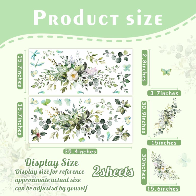 HATARU Large Green Leaves Wall Decals Modren Plant Wall Decals Peel and Stick Decals Rustic Leaves Wall Art Murals Boho Butterflies Flower Hanging Vines Wall Stickers for Living Room Bedroom Bathroom Decor - Image 3